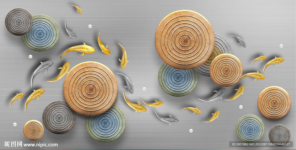 轻奢装饰画 山水圆圈金鱼