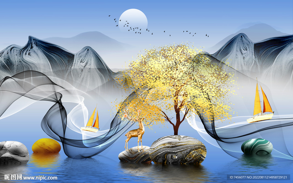 山水湖泊鹅卵石艺术背景墙