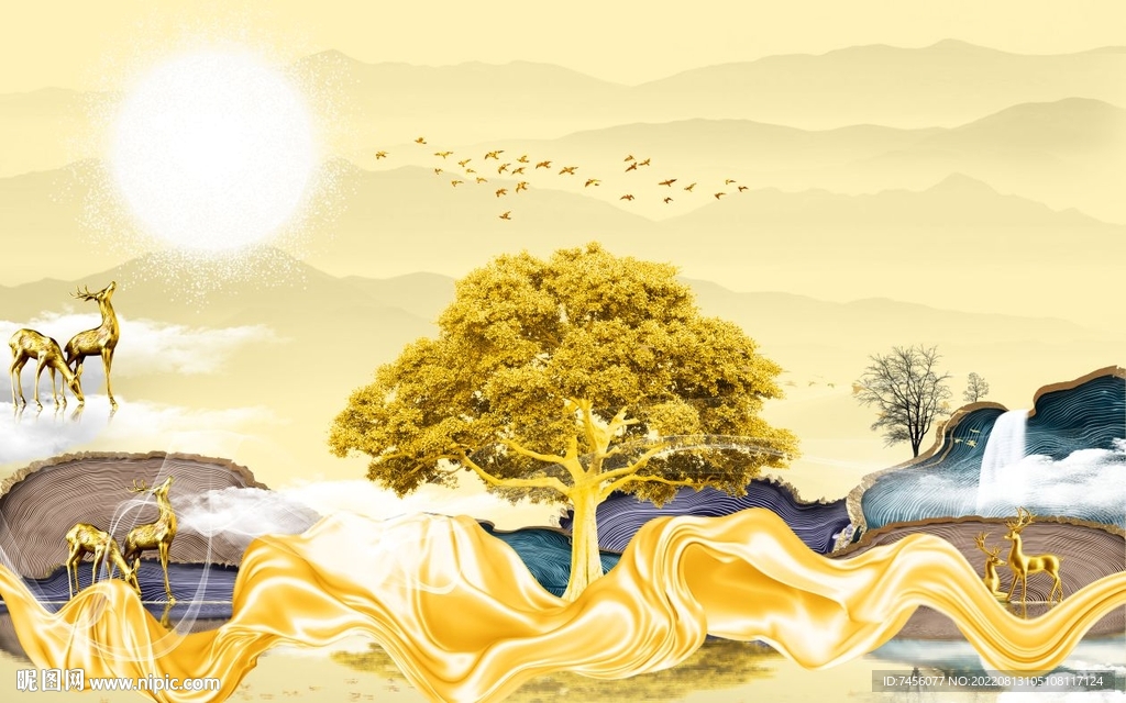 发财树绸布麋鹿背景墙