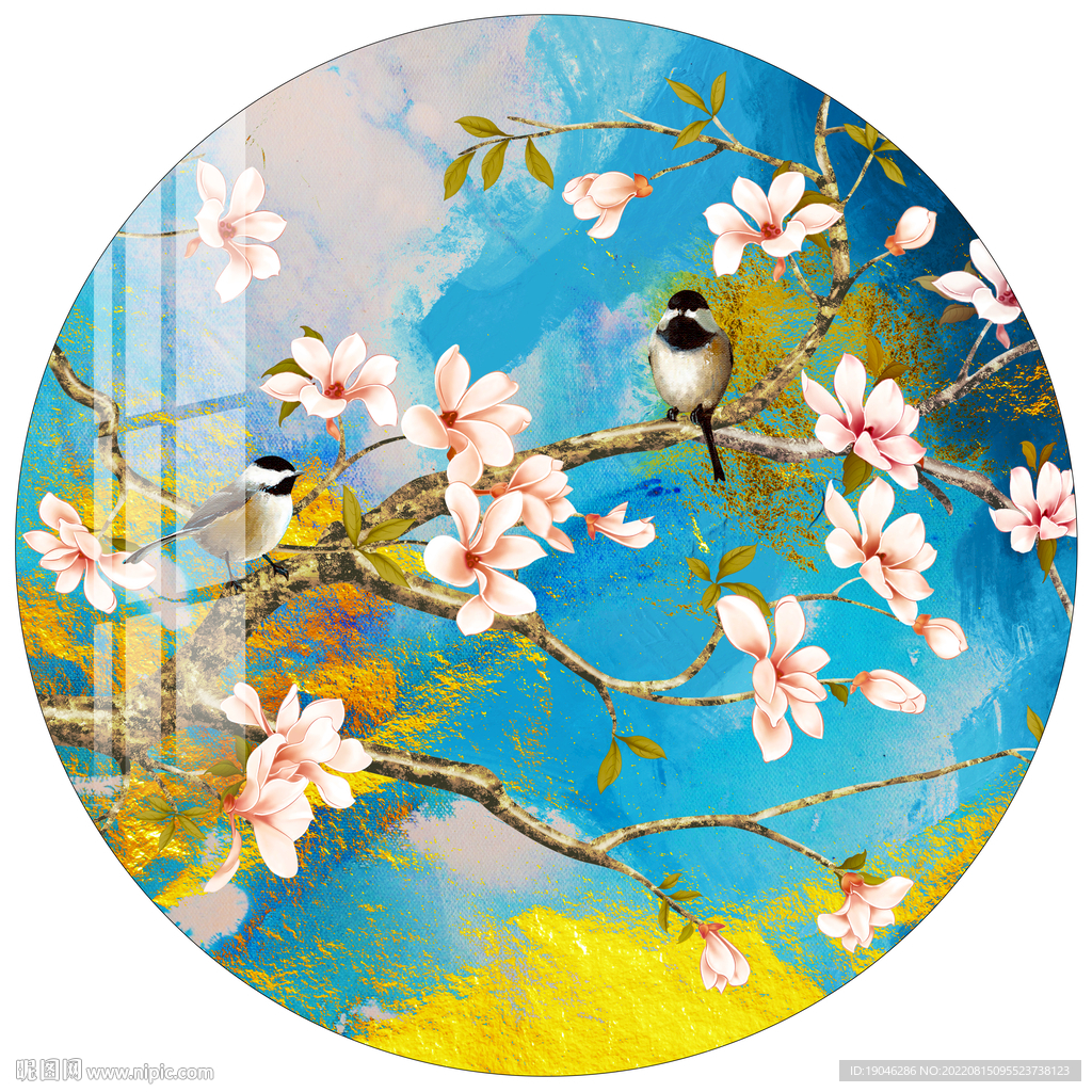 新中式玉兰花鸟圆形装饰画