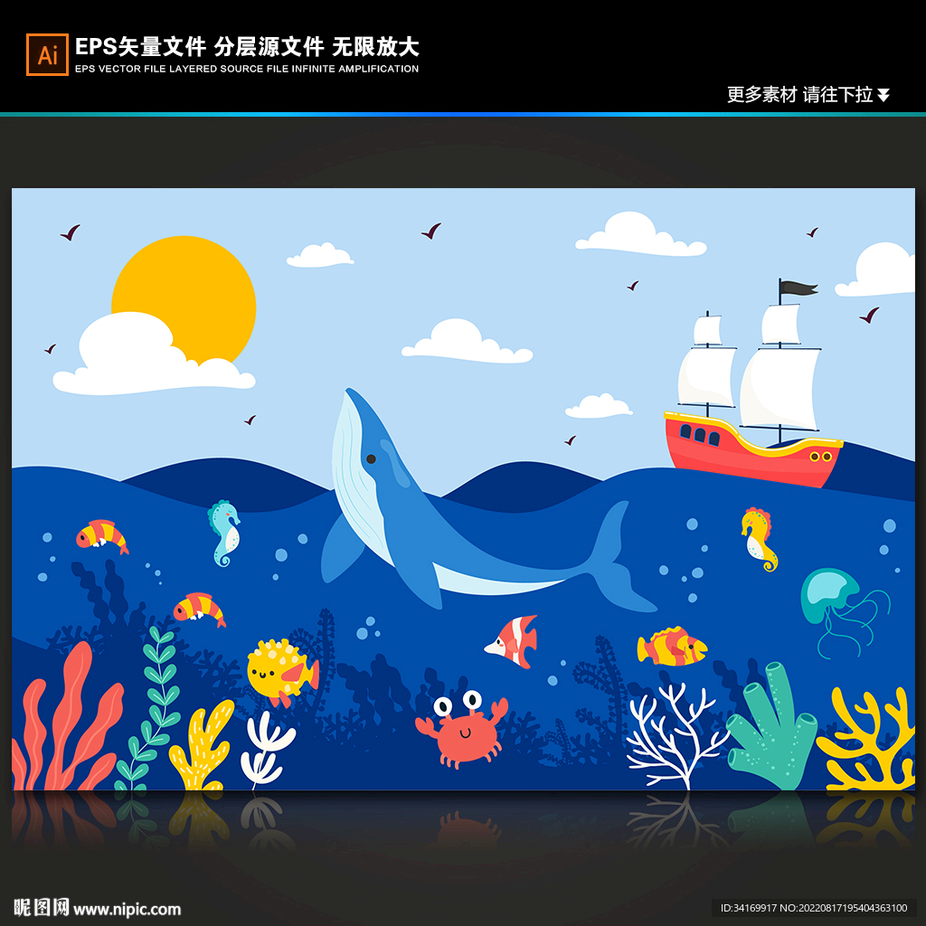 手绘海洋世界卡通海豚珊瑚背景墙