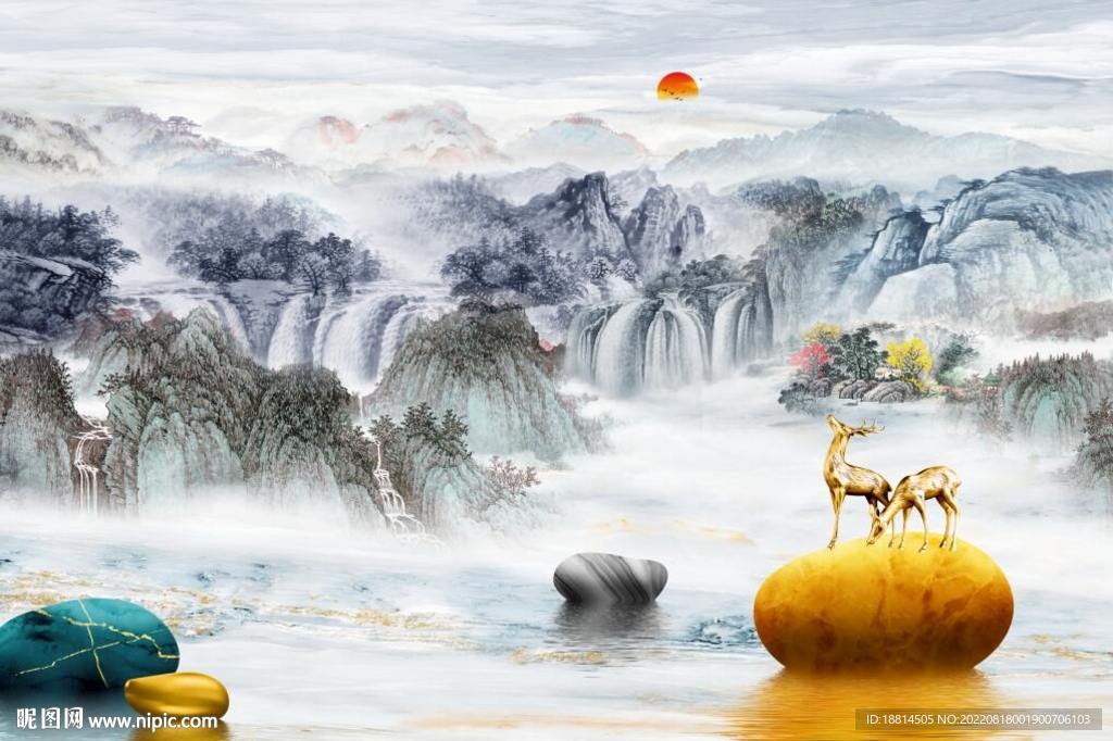 高山流水新中式电视背景墙