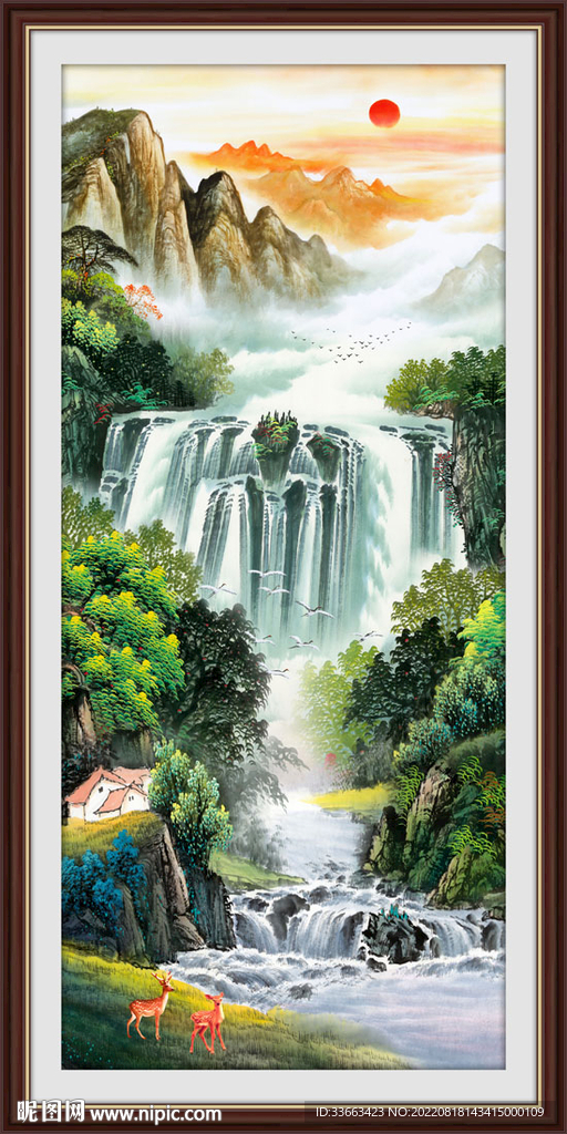 源远流长国画山水瀑布玄关画