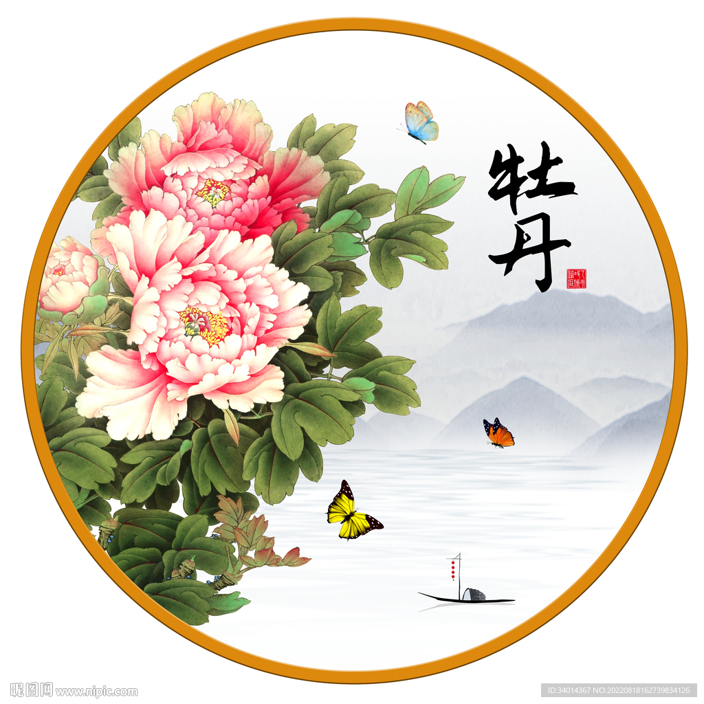 圆形画 牡丹花