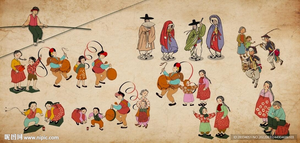 古代韩国民俗餐饮背景墙壁画