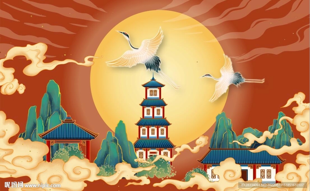 国风潮山水风景背景墙壁画