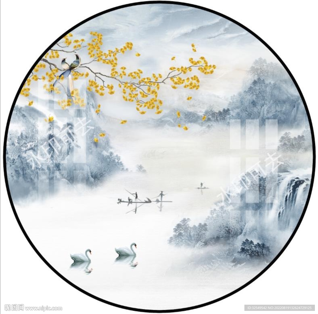 新中式圆形山水画
