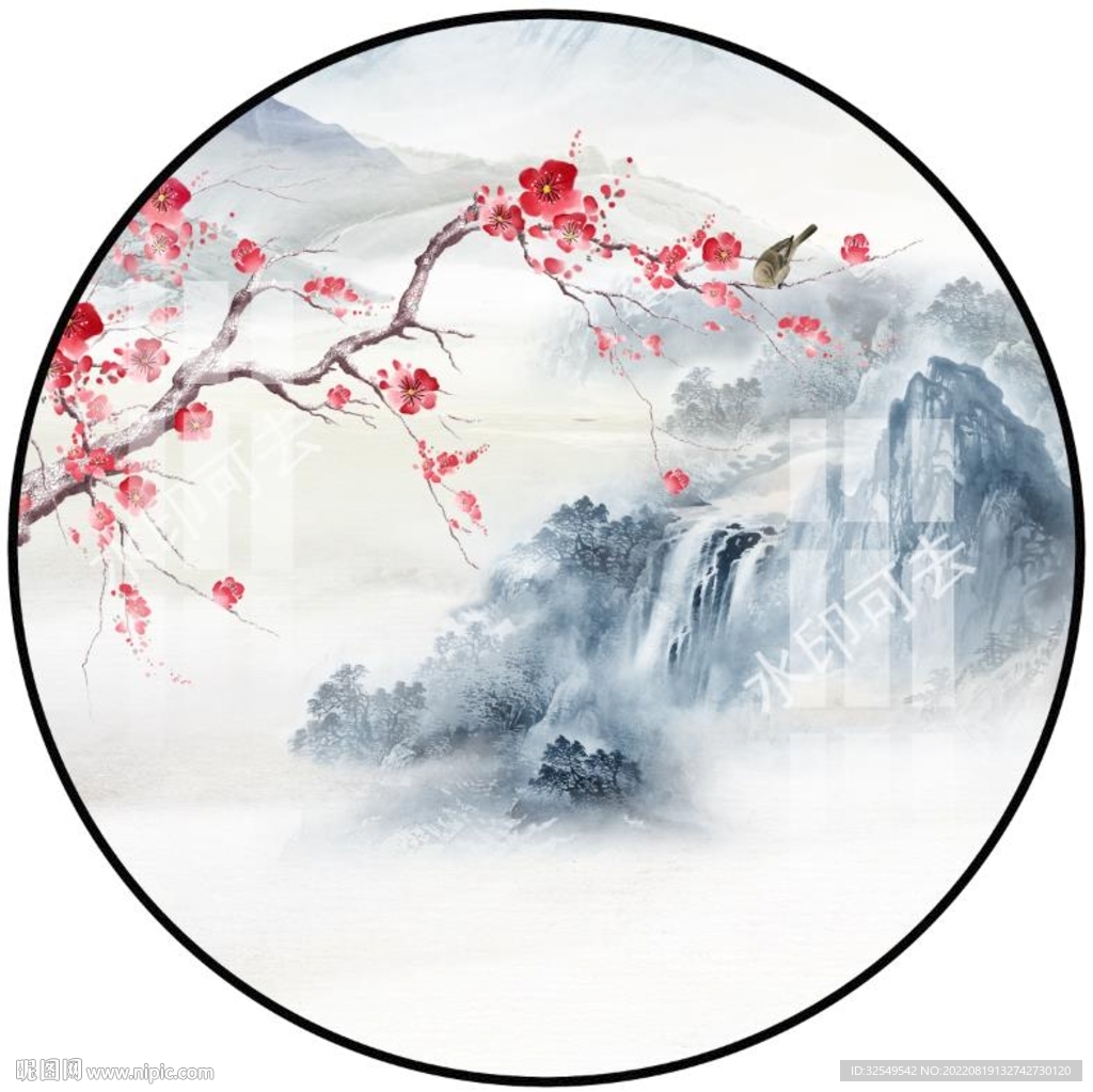 新中式圆形山水画