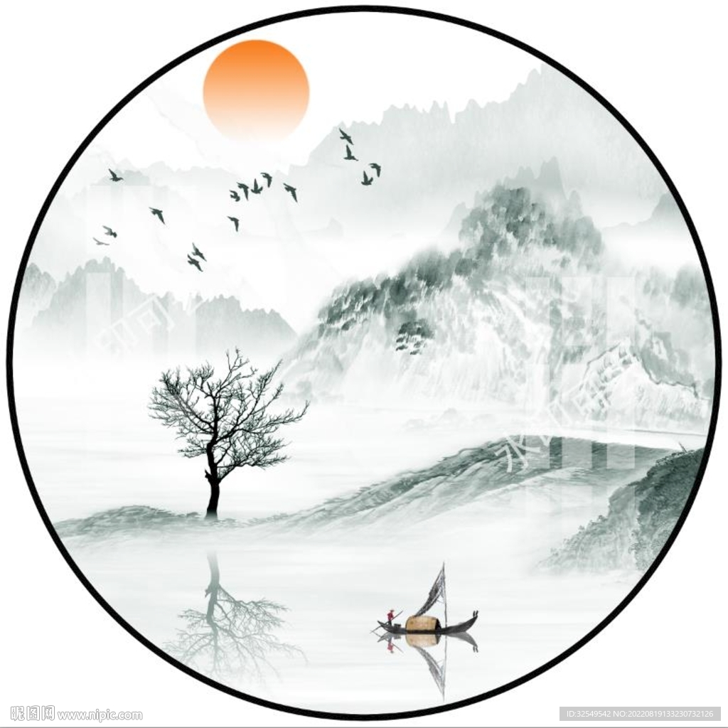新中式圆形山水画
