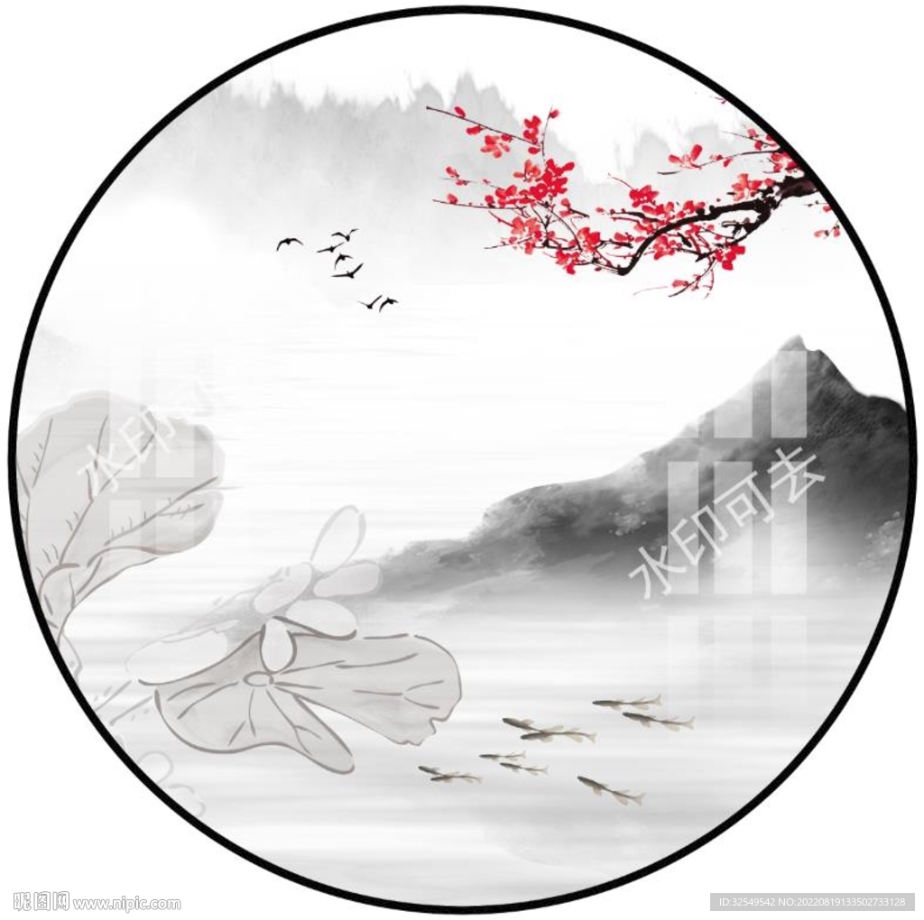 新中式圆形山水画