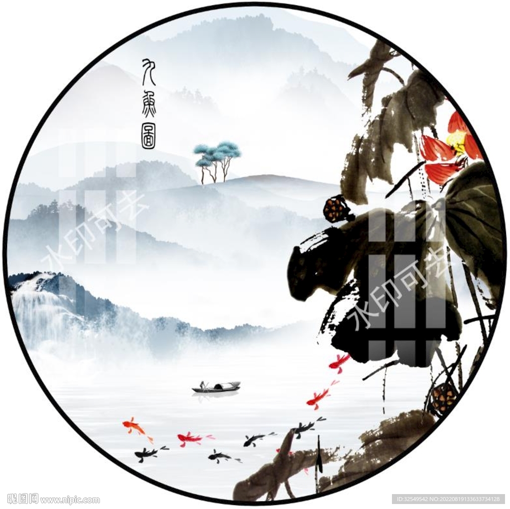新中式圆形山水画