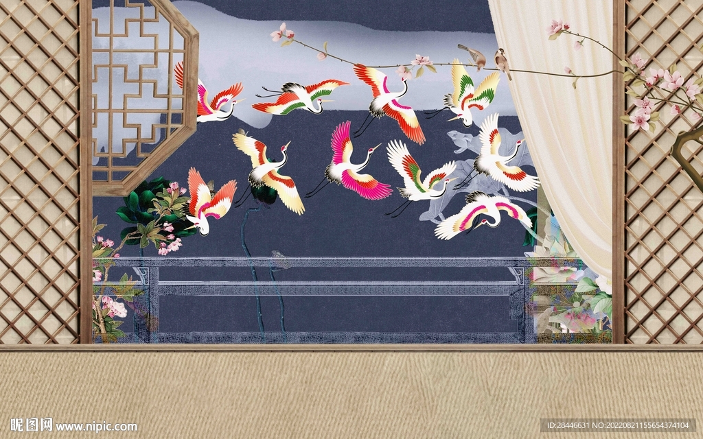 新中式手绘荷花花格背景墙