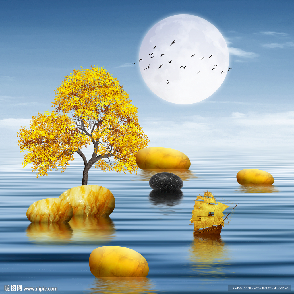 明月湖畔发财树3D艺术挂画装饰
