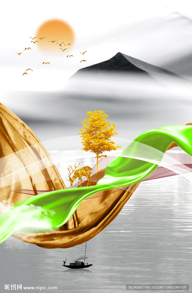 水墨山脉湖泊艺术挂画装饰画