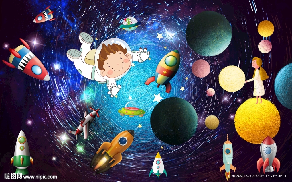 卡通星际太空宇航员背景墙