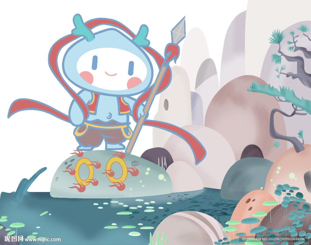 手绘哪吒山水画