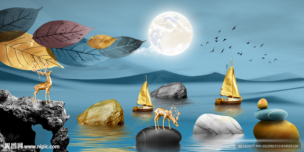 飘叶湖泊唯美风景画挂画装饰画