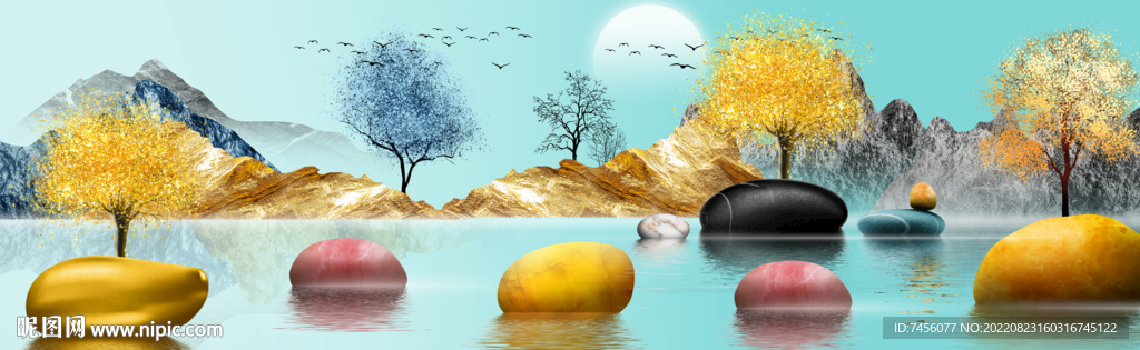 湖泊水彩树高清挂画装饰画