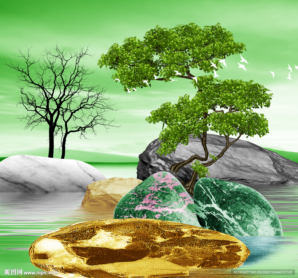 湖泊大树水彩挂画装饰画