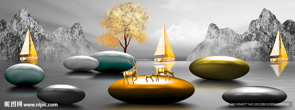 湖泊鹅卵石高清风景画挂画