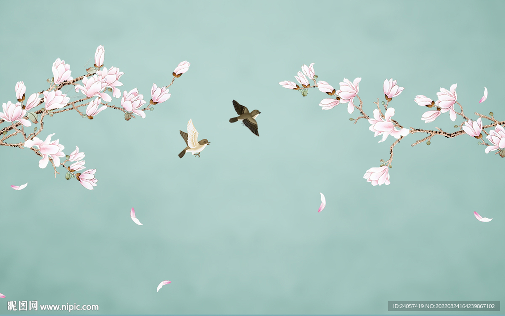 新中式工笔玉兰花鸟背景墙装饰画