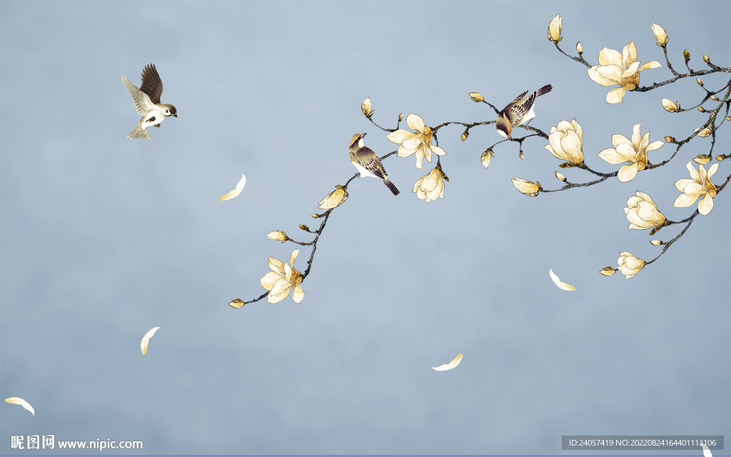 新中式工笔花鸟玉兰背景墙装饰画