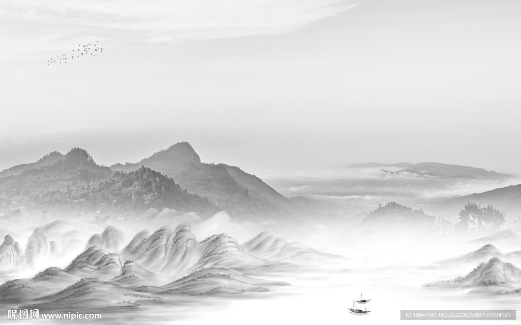 高档 灰色山水墙画 TIf分层