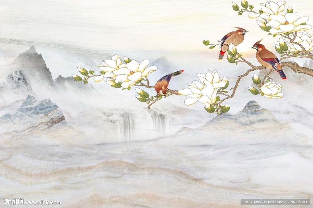 新中式花鸟山水电视背景墙