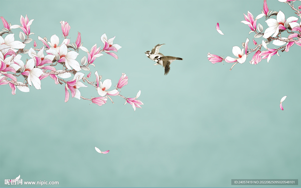 新中式玉兰花工笔花鸟背景墙