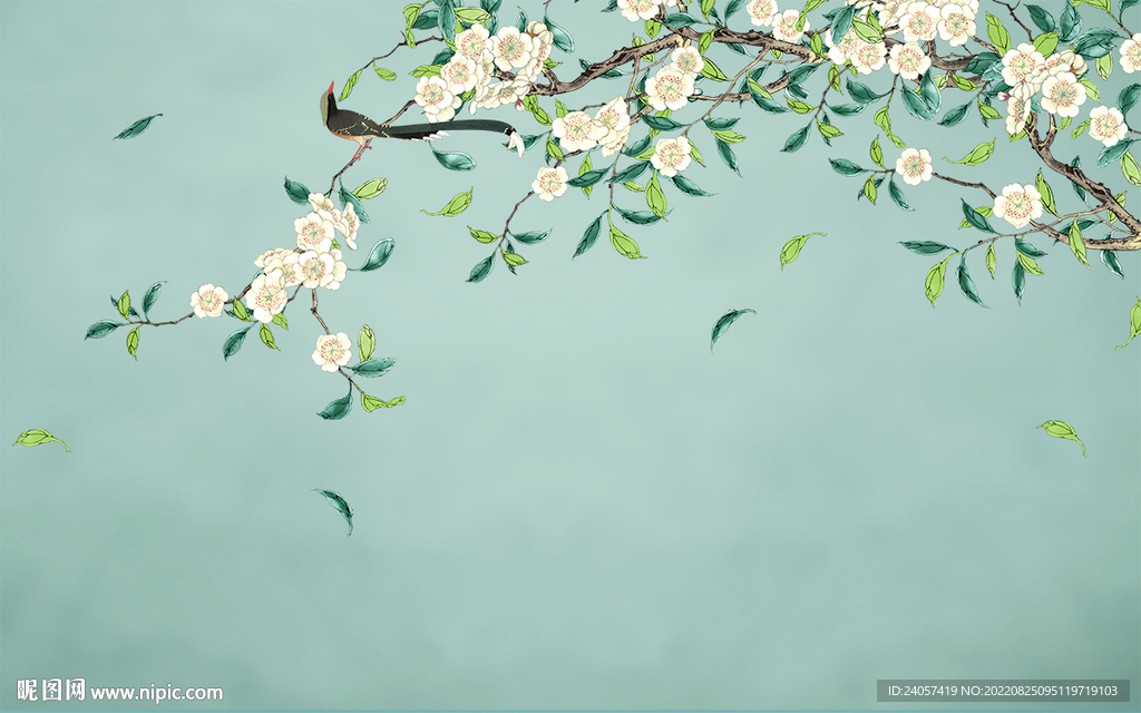 新中式梨花工笔花鸟背景墙装饰画