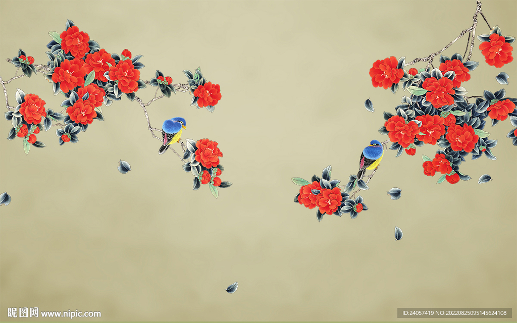 新中式手绘工笔花鸟国画背景墙