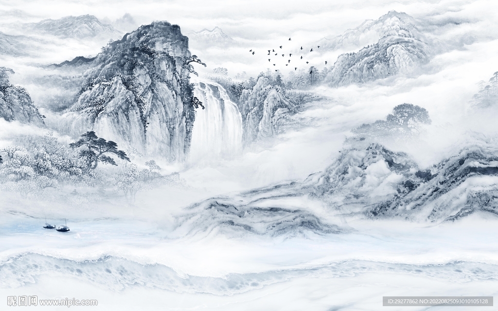 现代中国风山水画 Tif分层