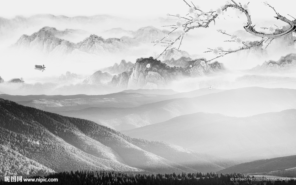 最新灰色中式山水 Tif分层