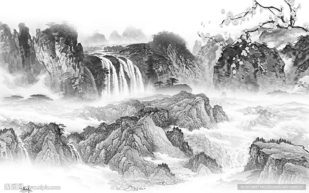 高清 灰色中式山水 Tif分层