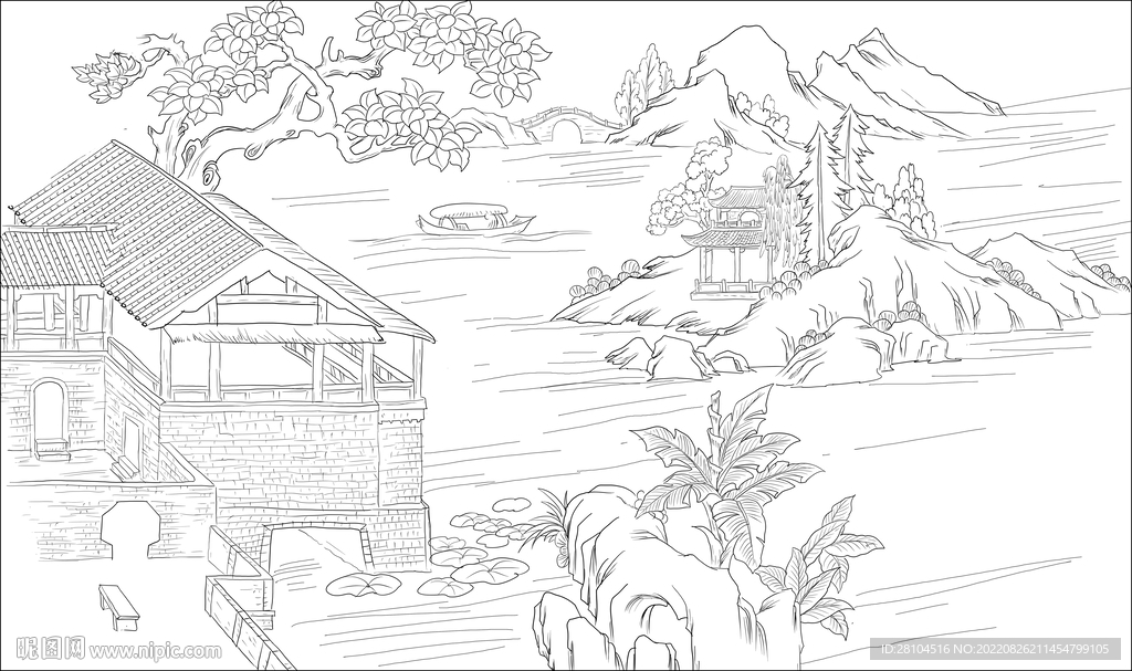 白描山水