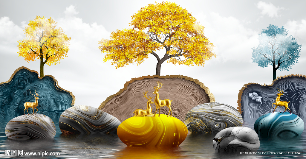 轻奢装饰画 山水石头麋鹿