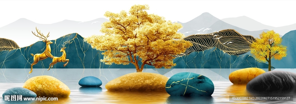 轻奢装饰画 山水石头麋鹿