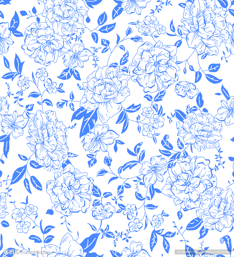 蓝色手绘线条花