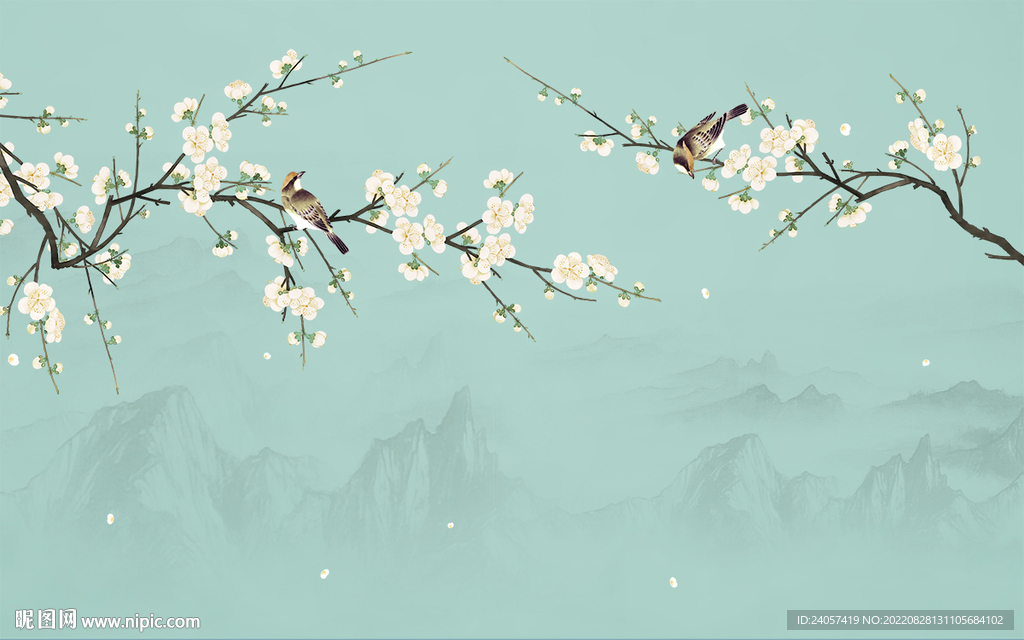 新中式海棠工笔花鸟背景墙装饰画