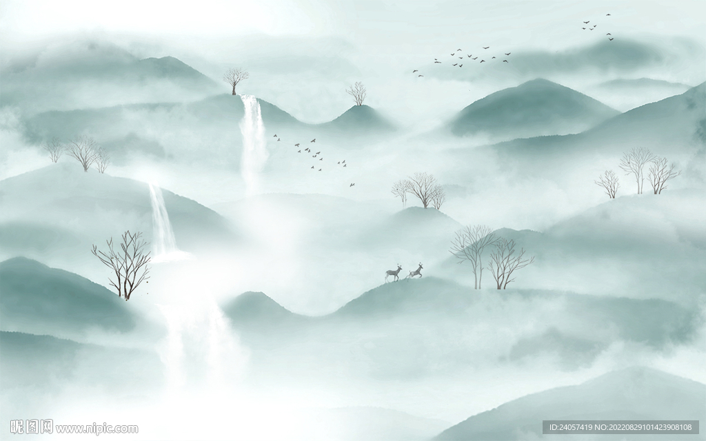 大气水墨意境山水瀑布风景背景墙