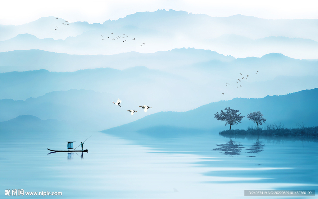 新中式意境山水风景蓝色背景墙