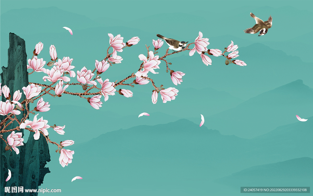 新中式玉兰工笔花鸟背景墙装饰画