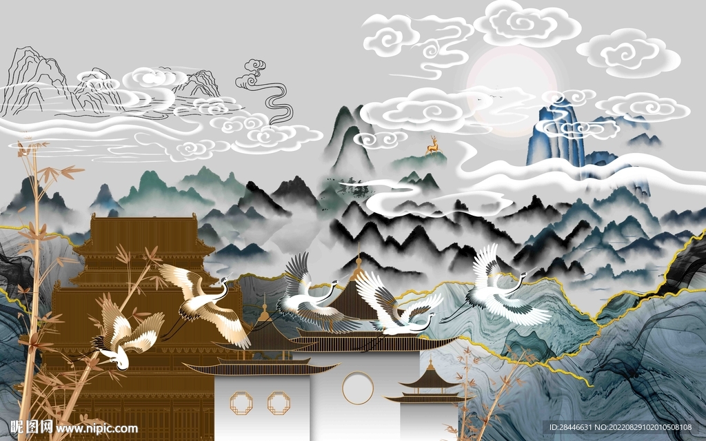 新中式山水建筑背景墙
