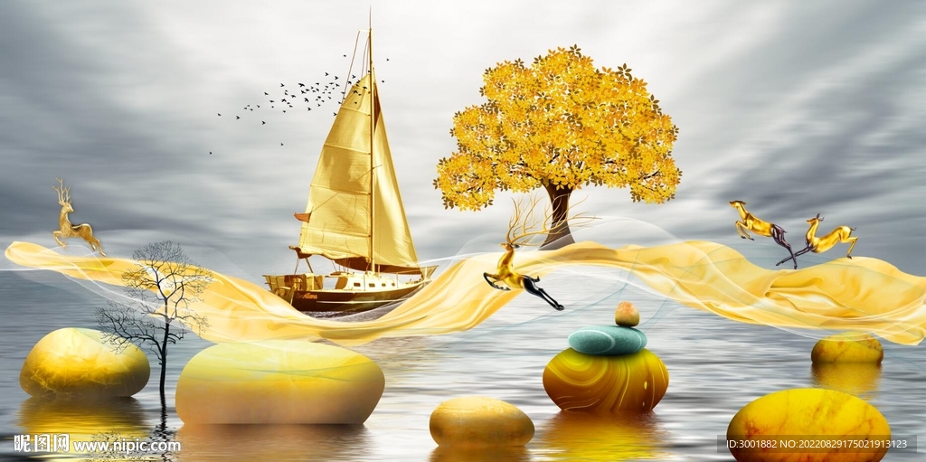 轻奢装饰画 山水石头麋鹿 飘带