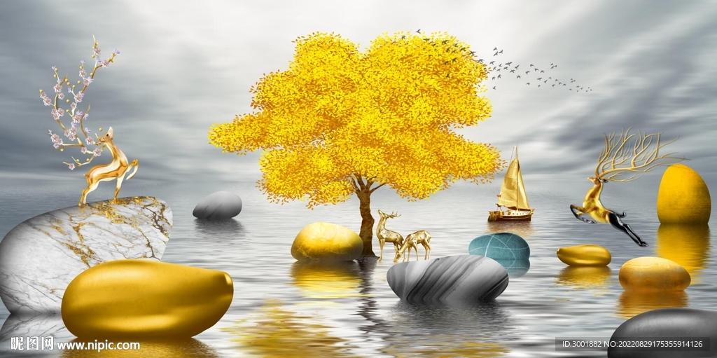 轻奢装饰画 山水石头麋鹿