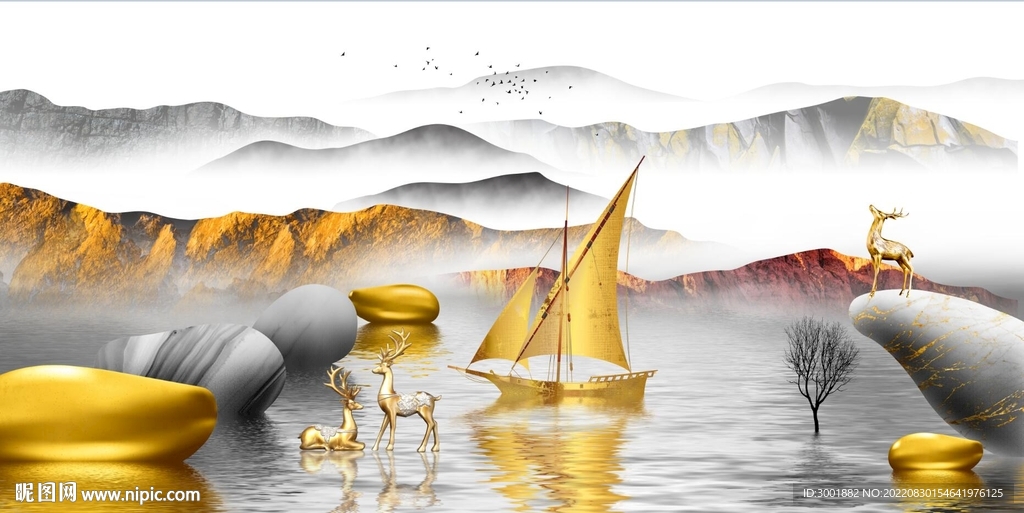 轻奢装饰画 山水石头麋鹿帆船