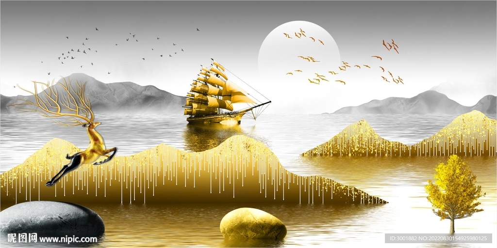 轻奢装饰画 山水石头麋鹿