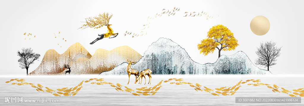 轻奢装饰画 山水石头麋鹿