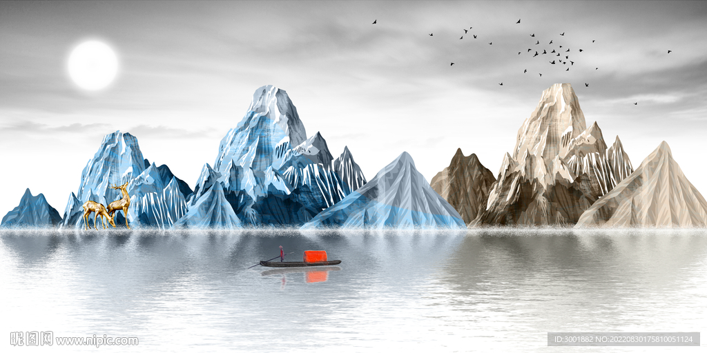 轻奢装饰画 山水石头麋鹿船