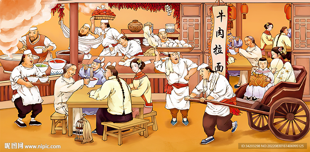 手绘牛肉面背景墙